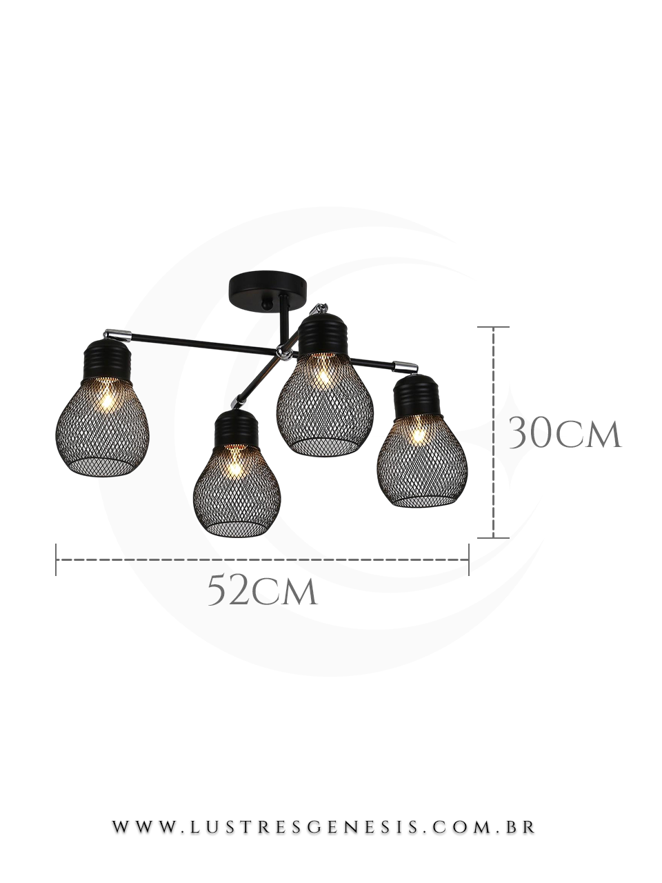Luminária pendente de metal preto modelo Grid com quatro lâmpadas e cúpulas vazadas, medindo 52cm de largura por 30cm de altura, ideal para sala de jantar e estar.